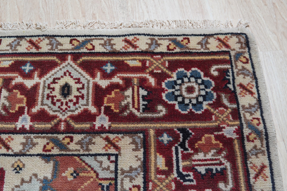 Hand-Knotted Wool Ivory Traditional Medallion Heriz Weave Rug, 6' X 9'