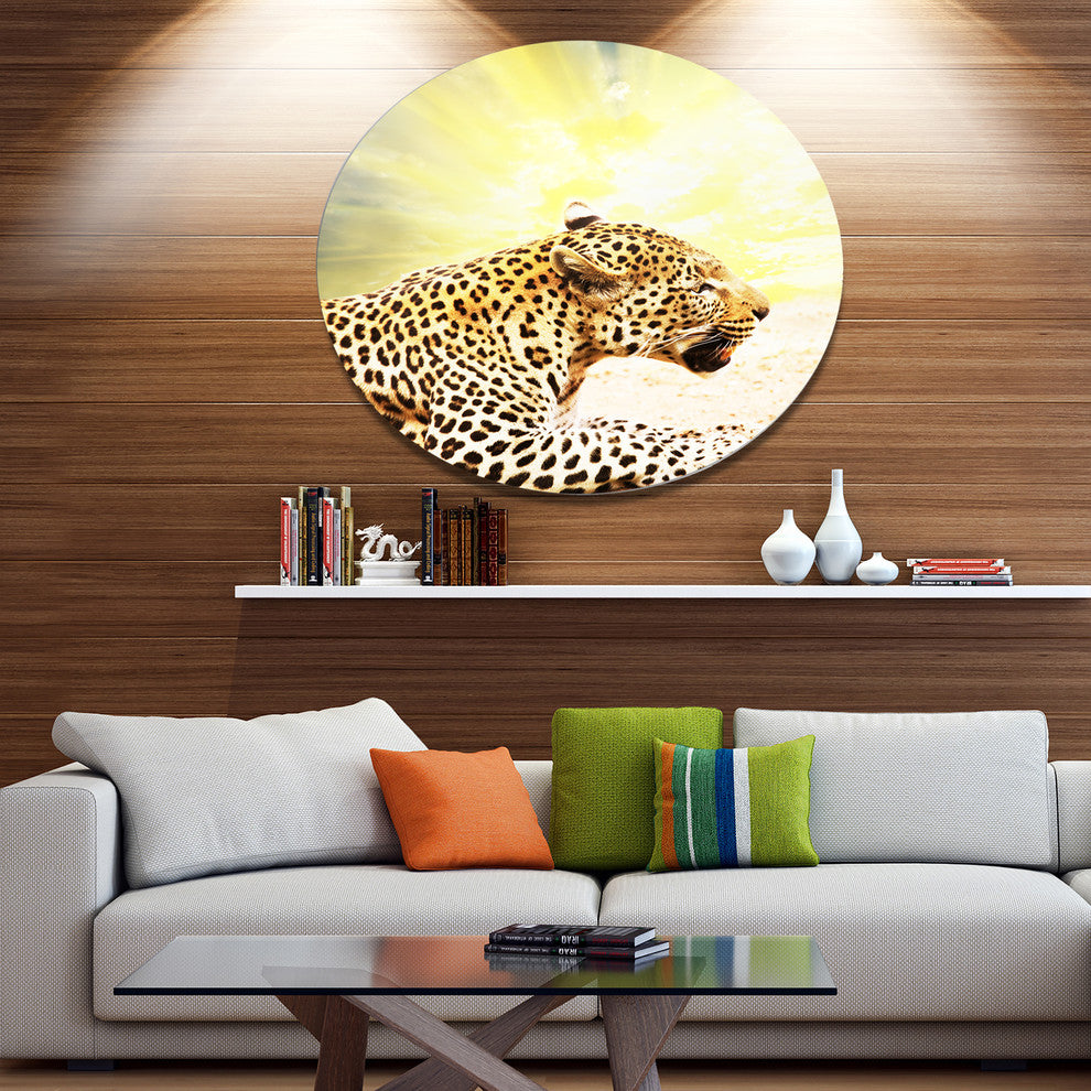 Ferocious Leopard At Sunrise, Animal Round Metal Wall Art, 36"
