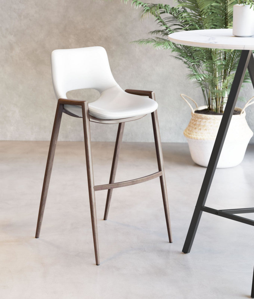Bar Stool Chair Barstool, Set of 2, Faux Vinyl Leather, Steel, White, Walnut