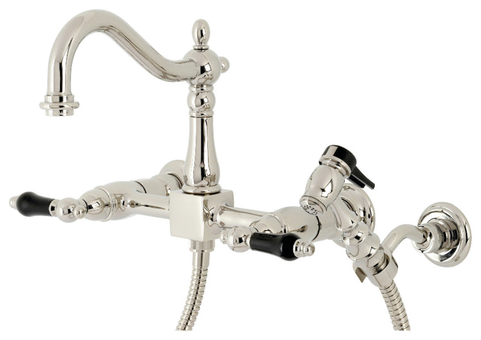 KS1266PKLBS Wall Mount Bridge Kitchen Faucet With Brass Sprayer, Polished Nickel