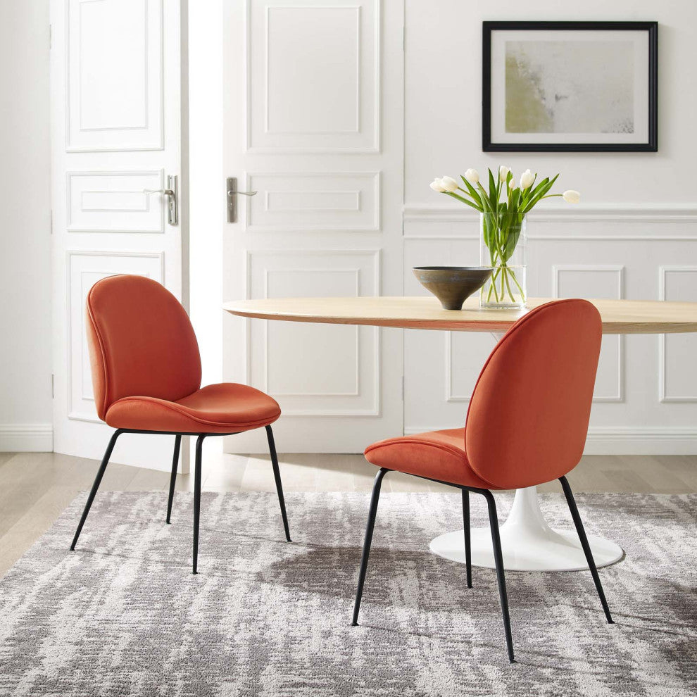 Scoop Black Powder Coated Steel Leg Velvet Dining Chairs Set of 2, Orange