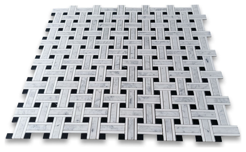 Carrara White Marble Twine Basketweave Mosaic Tile Black White Honed, 1 sheet