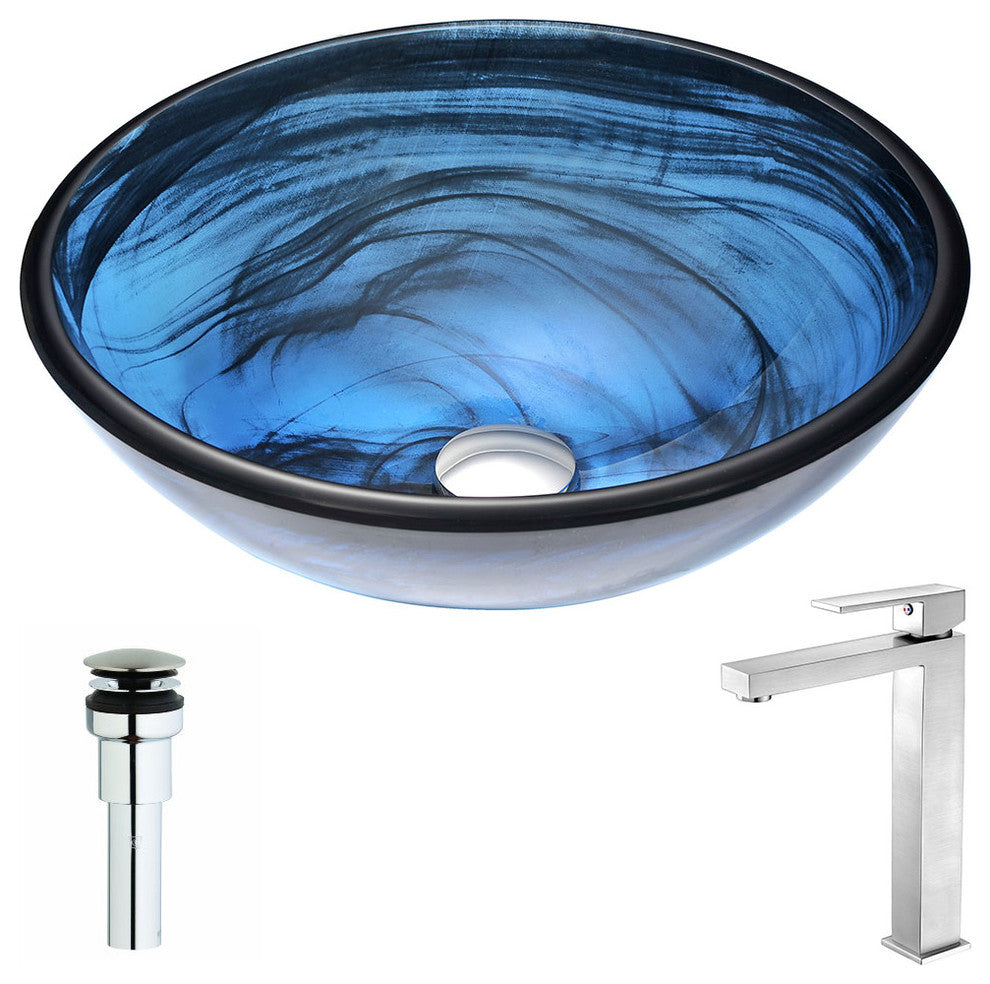Soave Deco-Glass Vessel Sink, Sapphire Wisp, Enti Faucet, Brushed Nickel