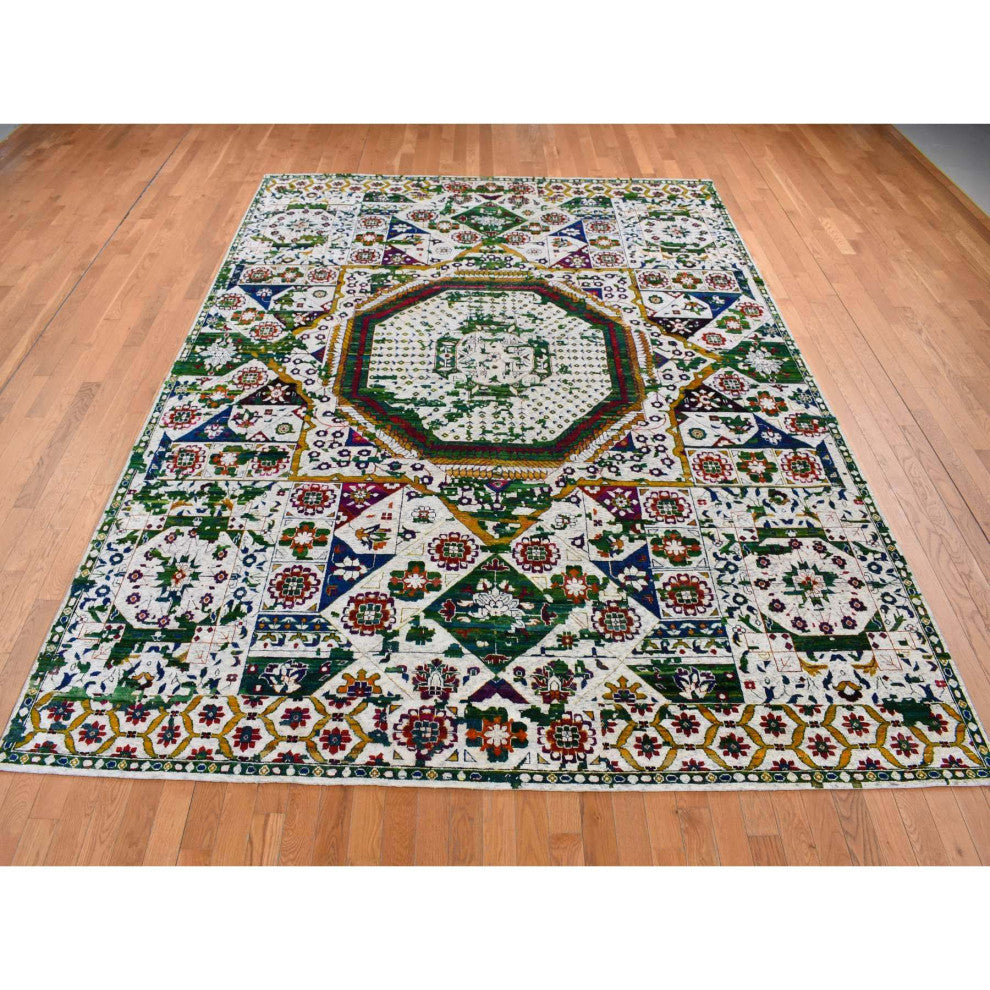 Ivory Sari Silk Colorful Mamluk Design Hand Knotted Oriental Rug 9'x12'1"