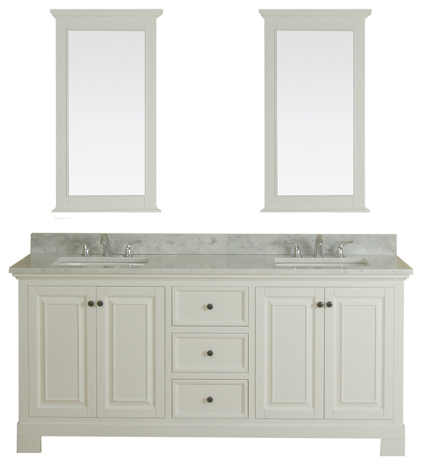 Richmond 72" Double Vanity in White, Carrera Marble Top and Mirror