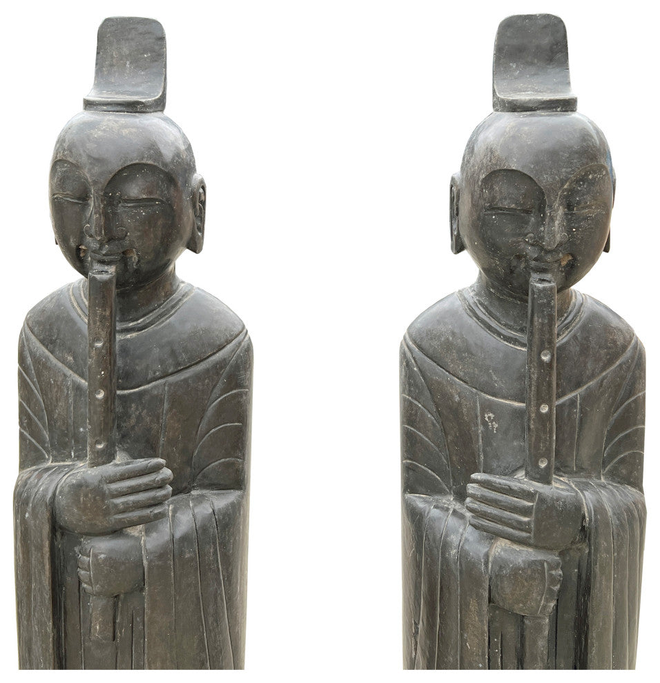 Pair Chinese Black Gray Stone Standing Zen Harmony Decor Statues Hcs7647