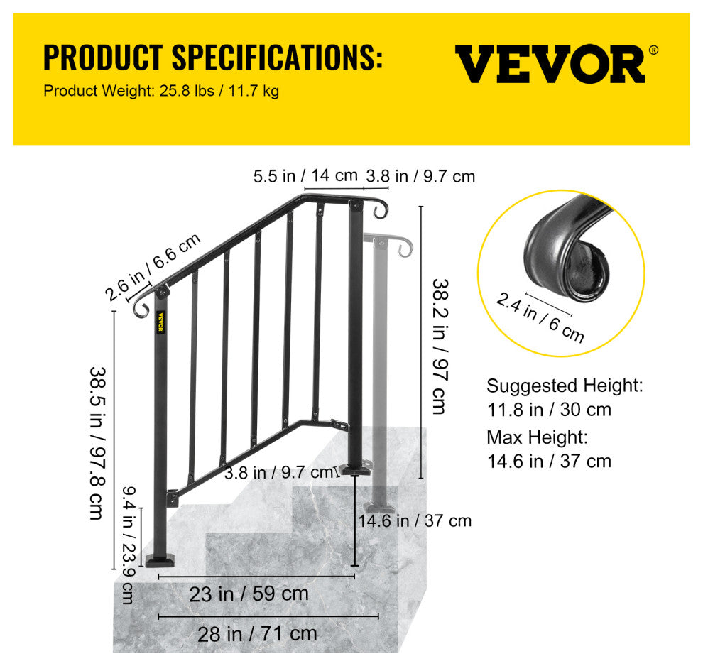 Wrought Iron Handrail Outdoor Stair Rail with Installation Kit, Black, Fit 2-3 Steps