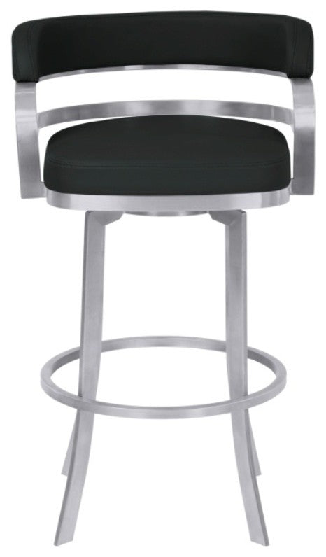 Armen Living Prinz 30" Bar Height Metal Swivel Barstool in Black Faux Leather wi