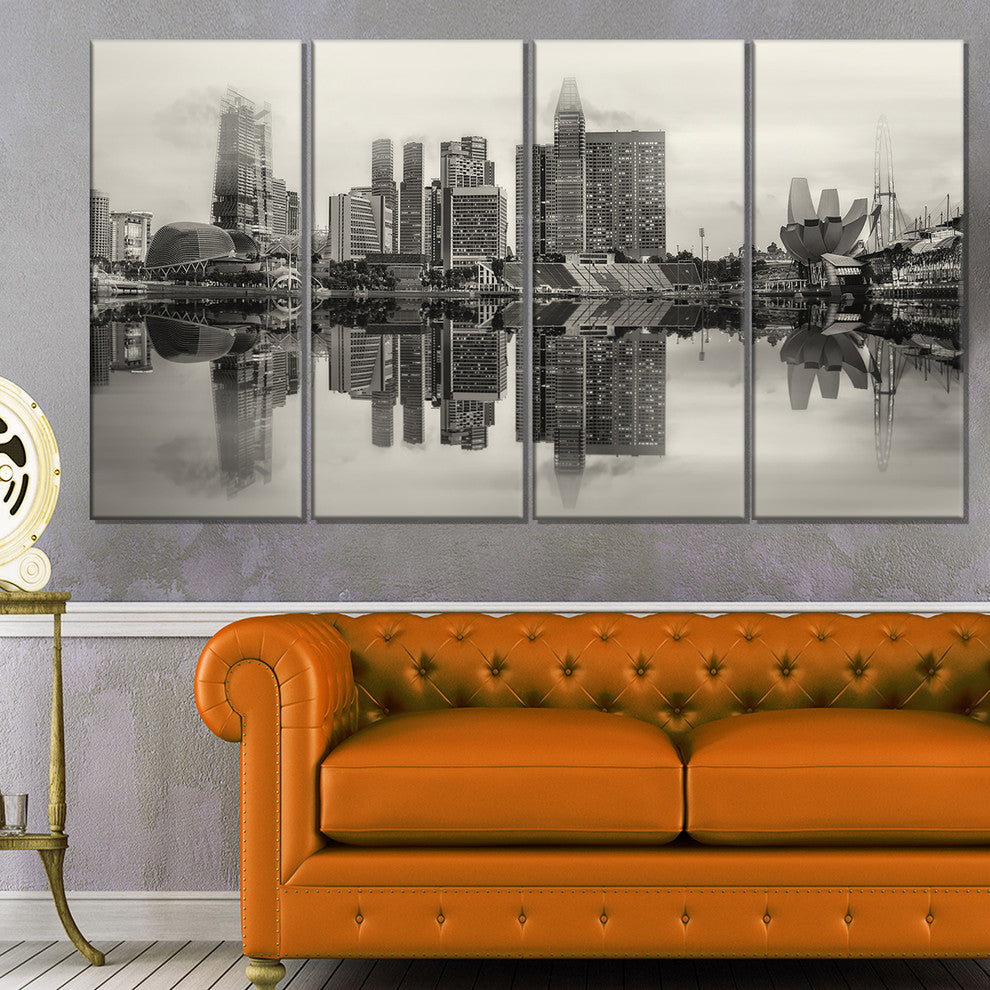 "Singapore Skyline View Panorama" Cityscape Artwork Canvas, 4 Panels, 48"x28"