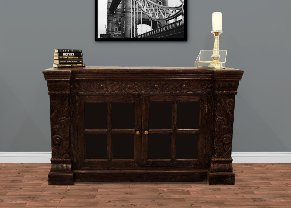 Euclidean 2-Door Hand-carved Solid Wood Sideboard with Glass Doors in Brown