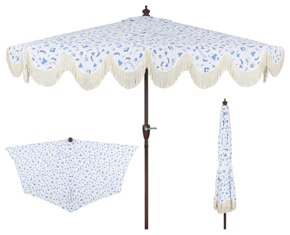 9ft Half Market Umbrella, Scalloped Fringe, Crank, Button Tilt, UV Protection
