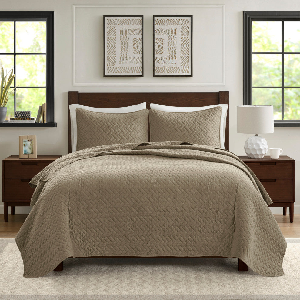 Hampton Hill Velvet Touch Herringbone Oversize 3-Piece Coverlet, Brown, Queen