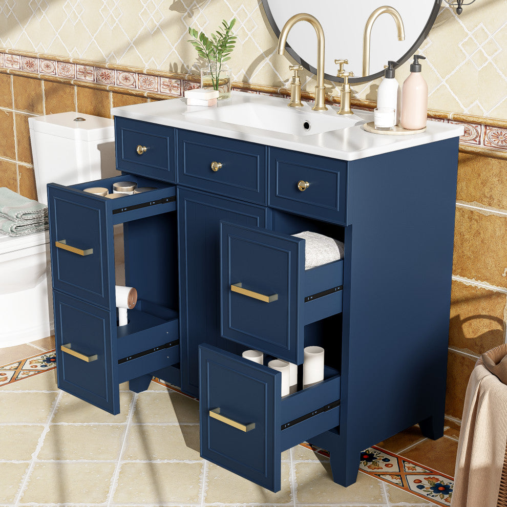 36 Inch Freestanding Bathroom Vanity with Ceramic Sink, Blue