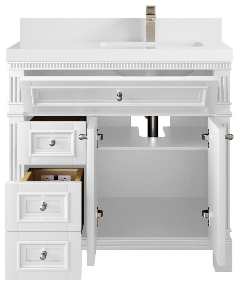 Paris 36" Right Offset Bathroom Vanity, White 2" White Quartz