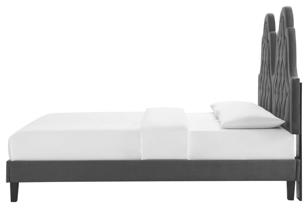 Tufted Platform Bed Frame, Twin Size, Velvet, Gray, Modern Contemporary