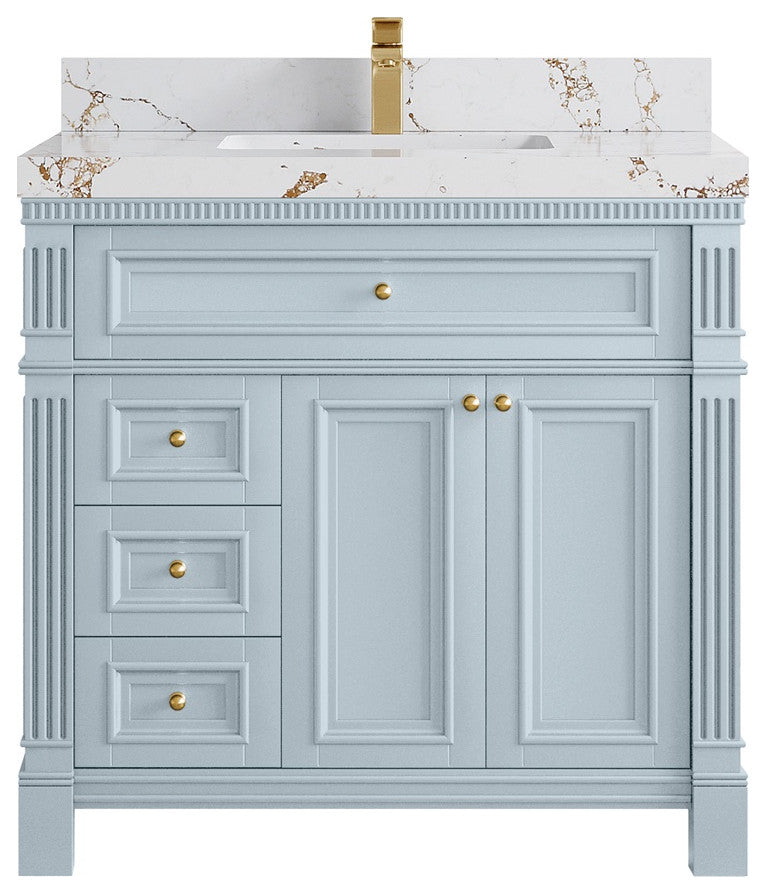 Paris 36" Center Sink Bathroom Vanity, Blue Heather 2" Viola Gold