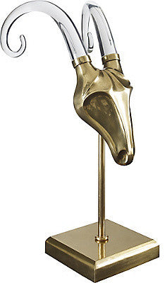 Brass Rams Head Bust With Acrylic Horns On Brass Stand