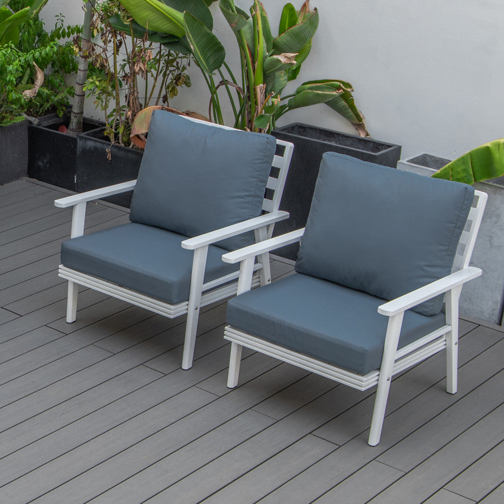 LeisureMod Walbrooke White Patio Armchairs with Cushions Set of 2, Navy Blue