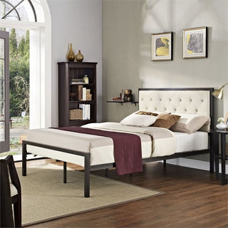 Mia Full Tufted Upholstered Fabric and Steel Bed, Brown Beige