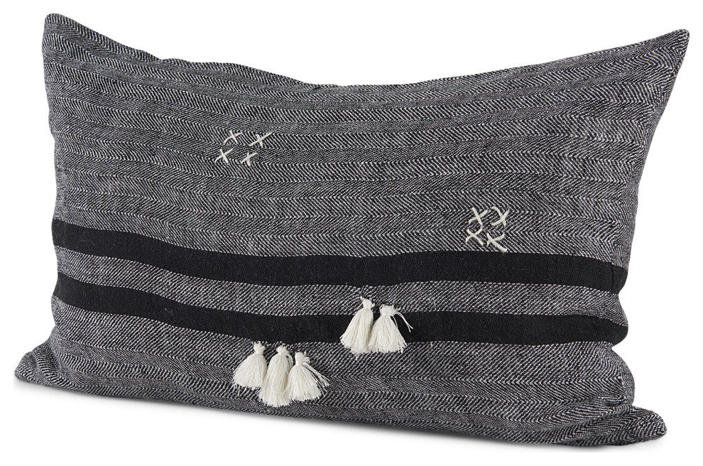 Sibyl 13"Lx21"W Black Fabric Striped/White Fringed Decorative Pillow Cover