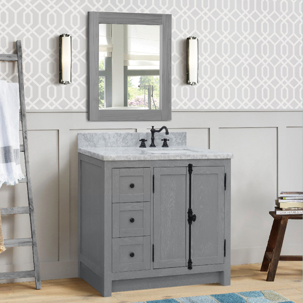 37" Vanity, Gray Ash With White Carrara Top, Right Doors/Right Rectangle Sink