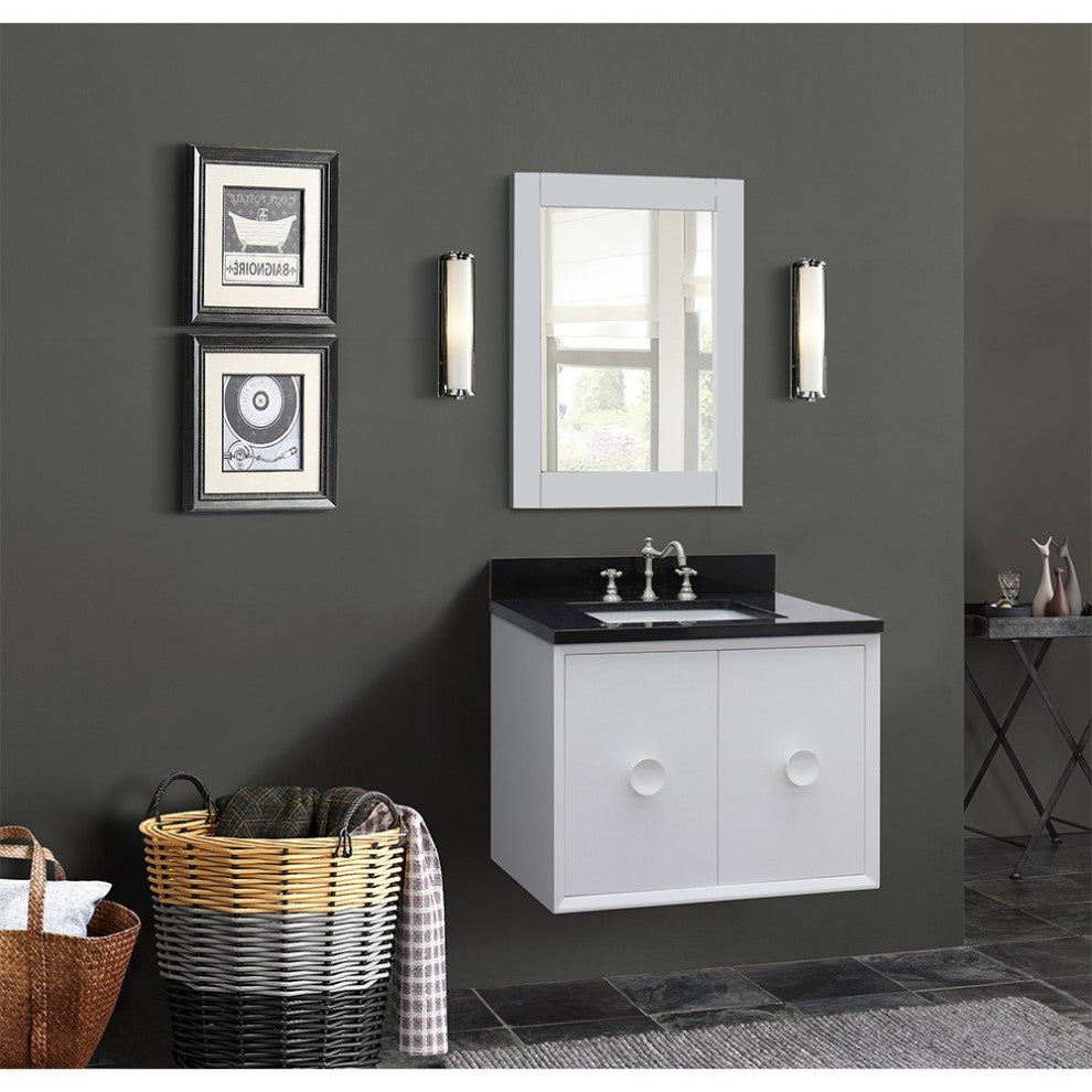 31" Single Wall Mount Vanity, White Finish With Black Galaxy Top