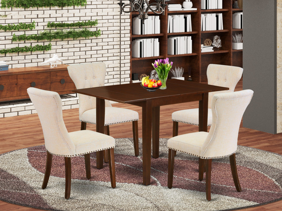 5Pc Dining Set - 4 Parsons Chairs, 2 Drop Leaf Table Hardwood, Mahogany Finish