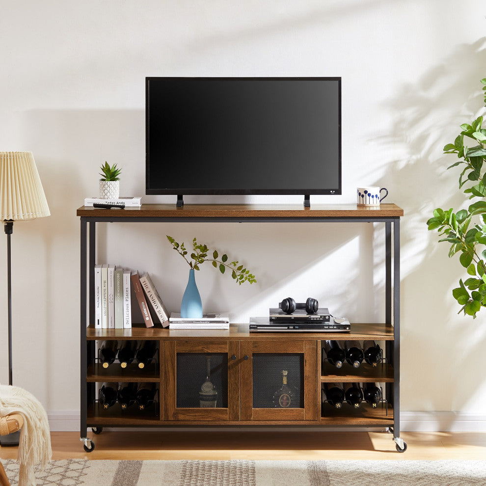 Multi-function Wine Shelf Table, Modern Wine Bar Cabinet Hazelnut Brown