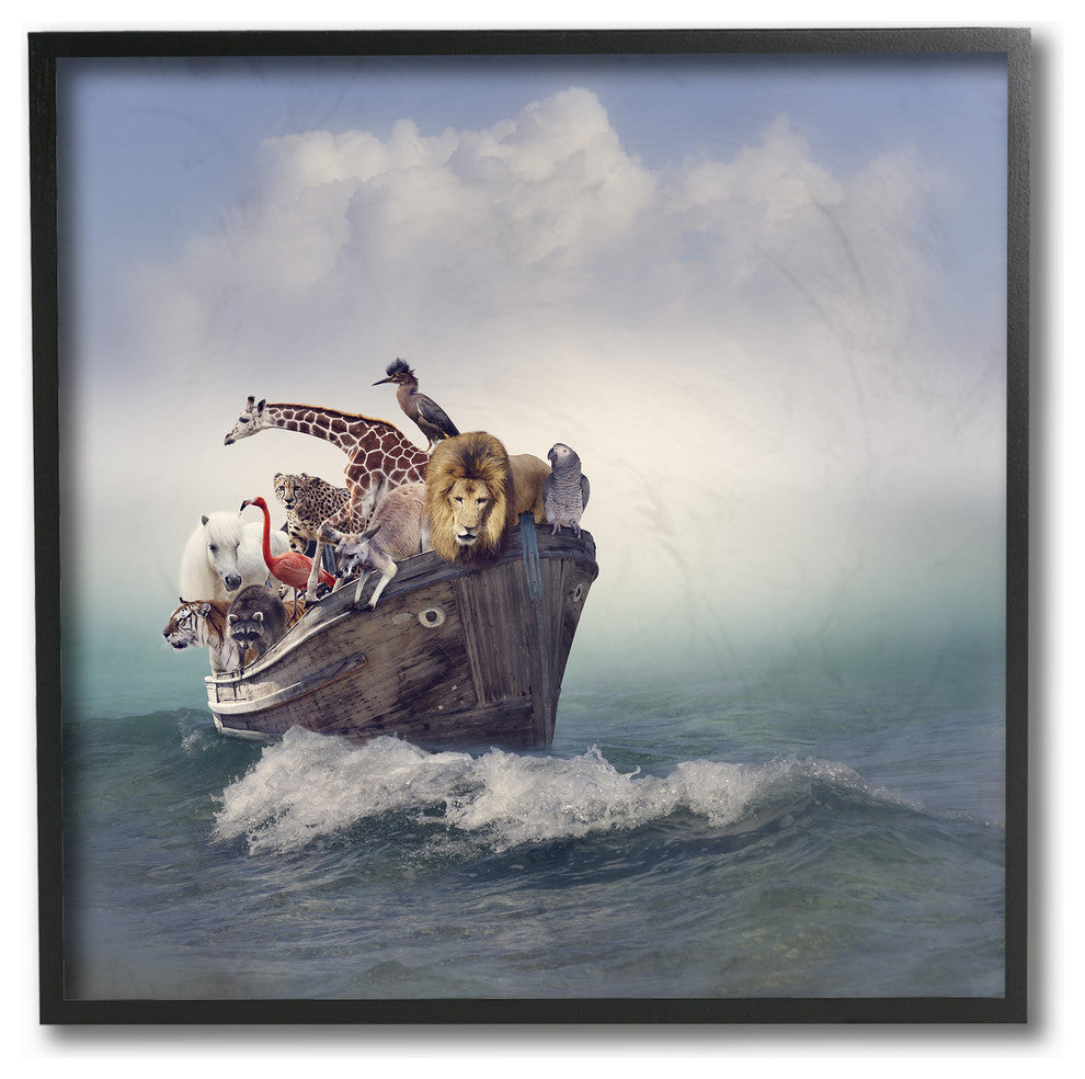 Noah's Arc Boat and Animals, 12x12, Framed Giclee Texturized Art