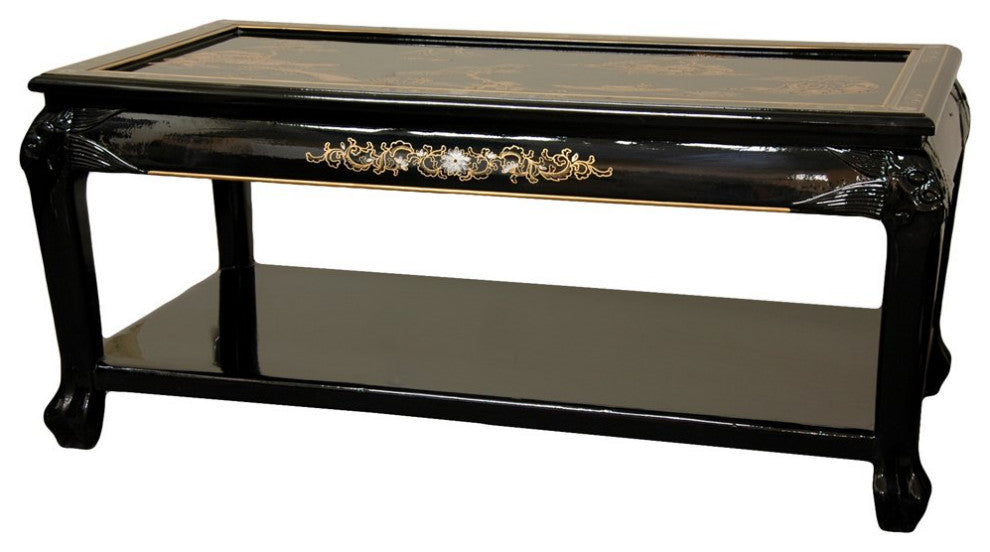 Lacquer Coffee Table With Shelf, Black Landscape