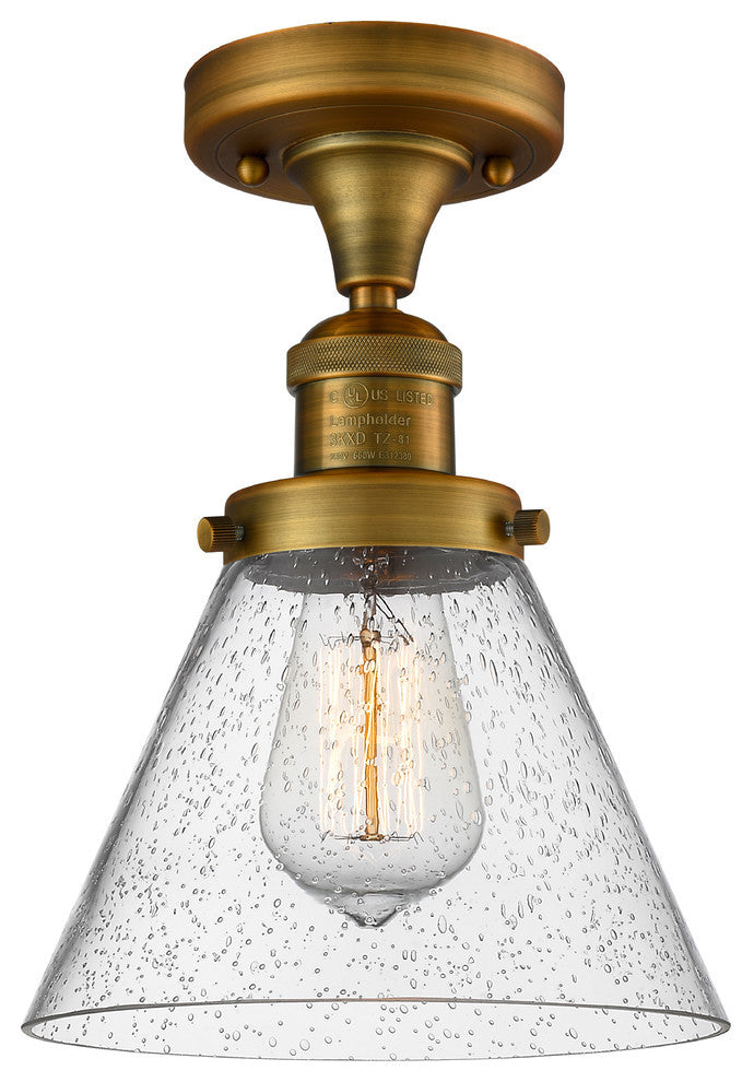 1-Light Large Cone 8" Semi-Flush Mount, Brushed Brass, Glass: Seedy