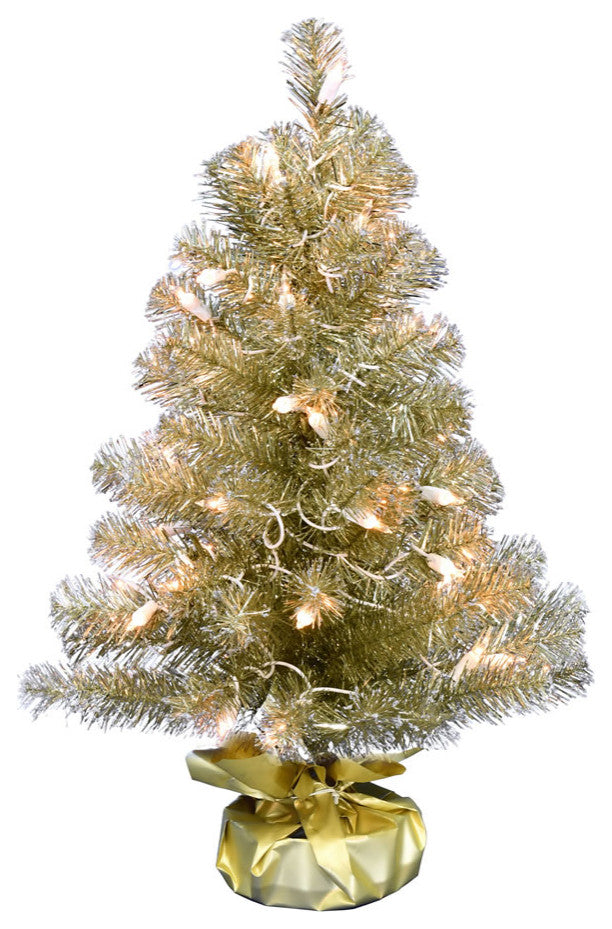 Vickerman G190725 2'X16" Champagne Tinsel Christmas Tree, Clear Lights