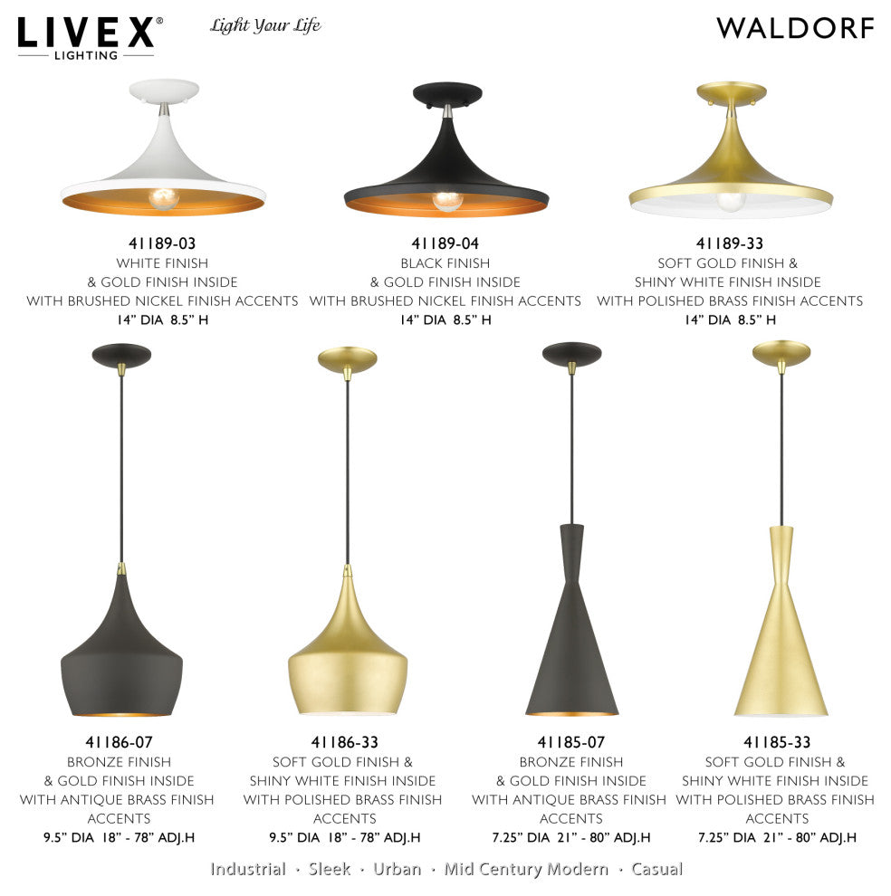 Livex Lighting Waldorf 1-Light Soft Gold Semi-Flush With Polished Brass Accents