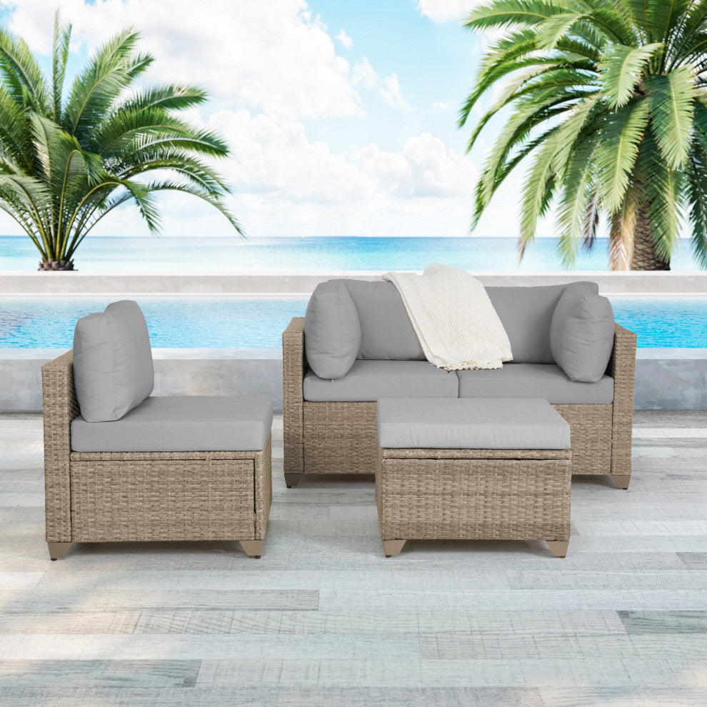 Maui 4-Piece Outdoor Conversation Set, Ottoman, Natural Aged Wicker, Stone