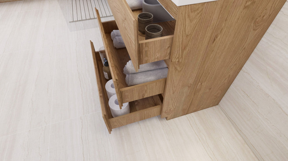 Moa Bathroom Vanity With 3 Drawers and Acrylic Sink, New England Oak, 30"