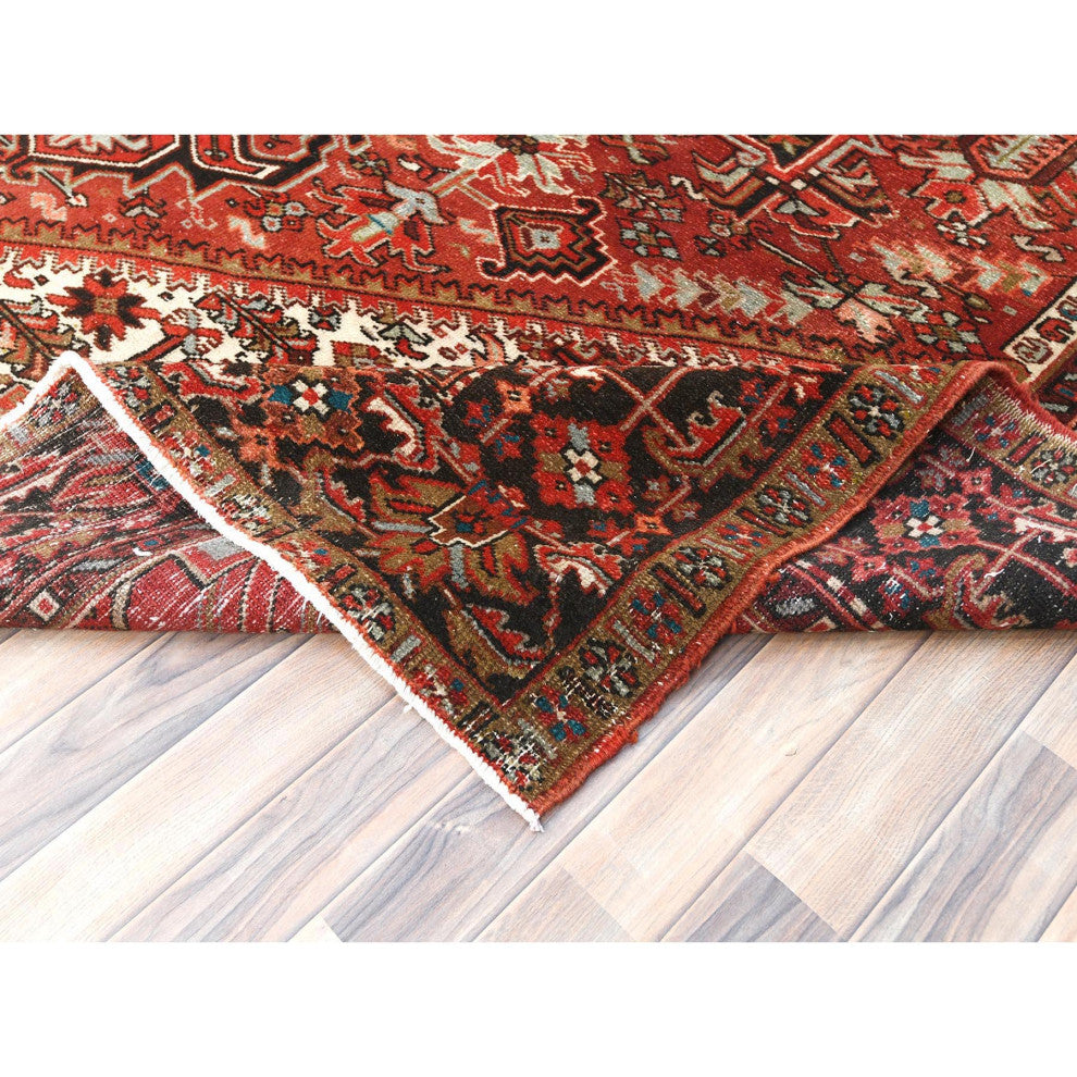 Tomato Red Hand KnottedVintage Persian Heriz Worn Down Oriental Rug 9'9"x12'4"