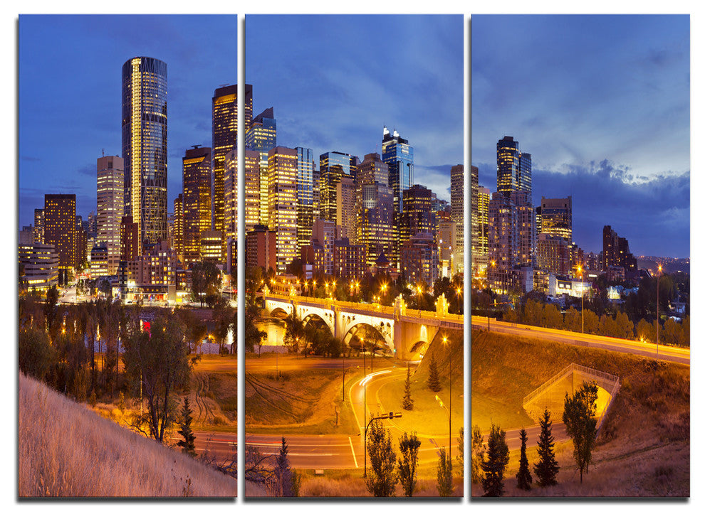 "Skyline of Calgary at Night Panorama" Metal Wall Art, 3 Panels, 36"x28"