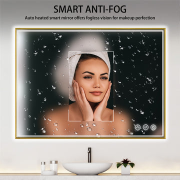 Fogless, Dimmable, Color Temperature Adjustable LED Mirror, Brush Gold, 48x36