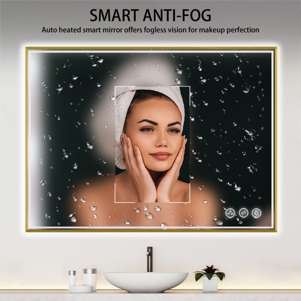 Fogless, Dimmable, Color Temperature Adjustable LED Mirror, Brush Gold, 48x36