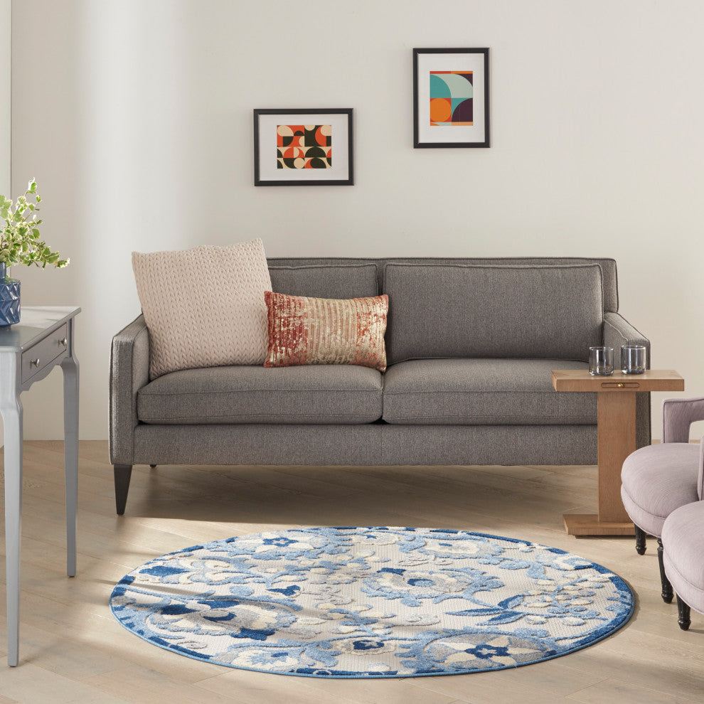 Nourison Aloha 4' x Round Blue/Grey Farmhouse Area Rug