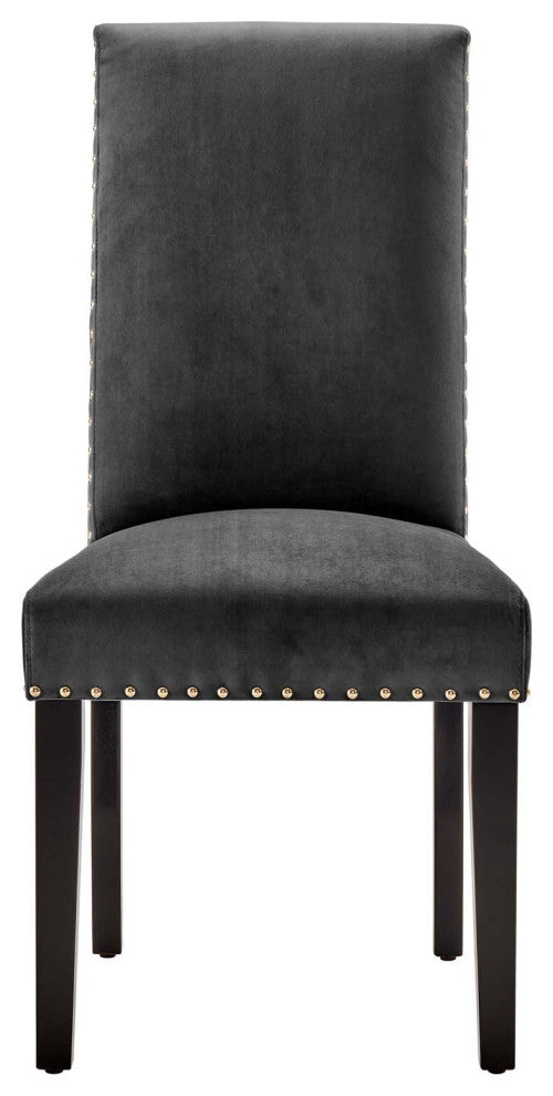 Side Dining Chair, Set of 2, Velvet, Wood, Dark Gray, Modern, Cafe Bistro