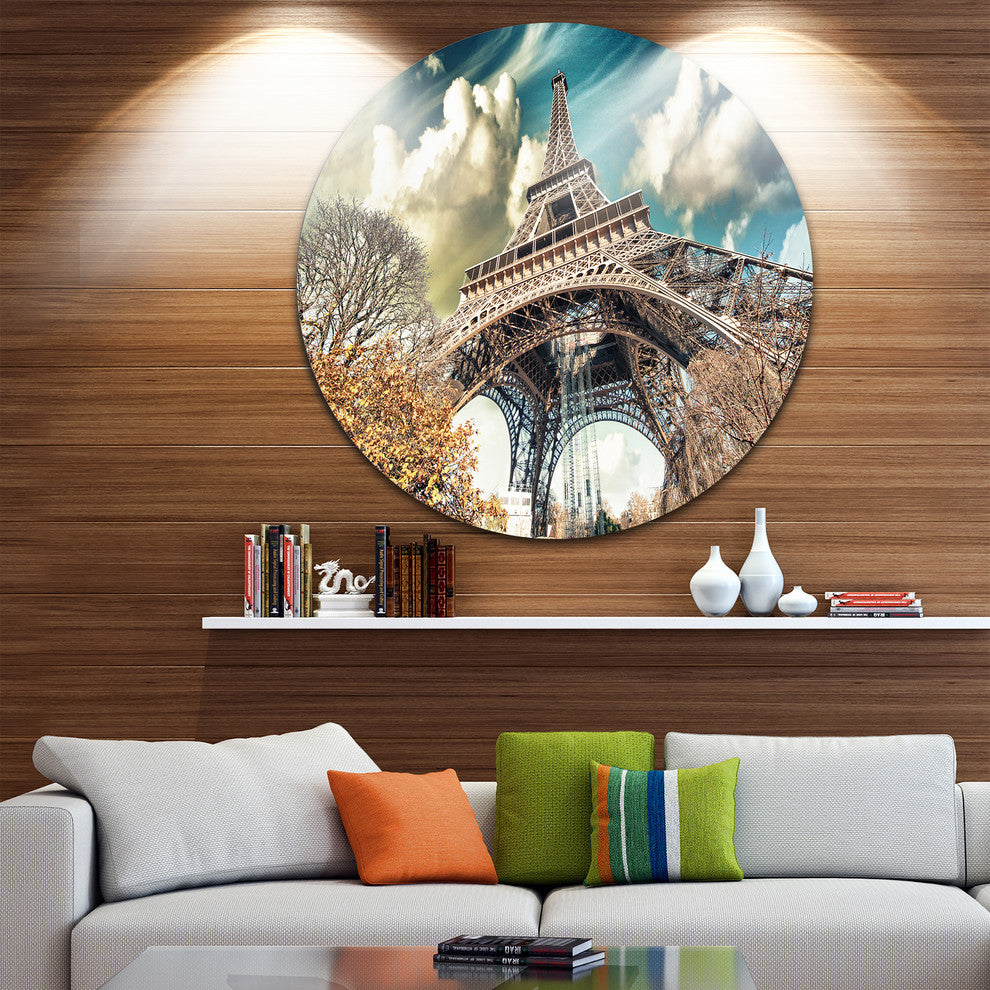 Street View Of Eiffel Tower, Cityscape Large Disc Metal Wall Art, 23"