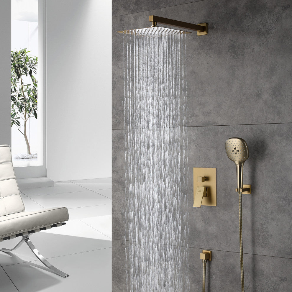 CASAINC 10" Wall Mounted 3 Spray Handheld Rainfall Luxury Shower System Set, Brushed Gold