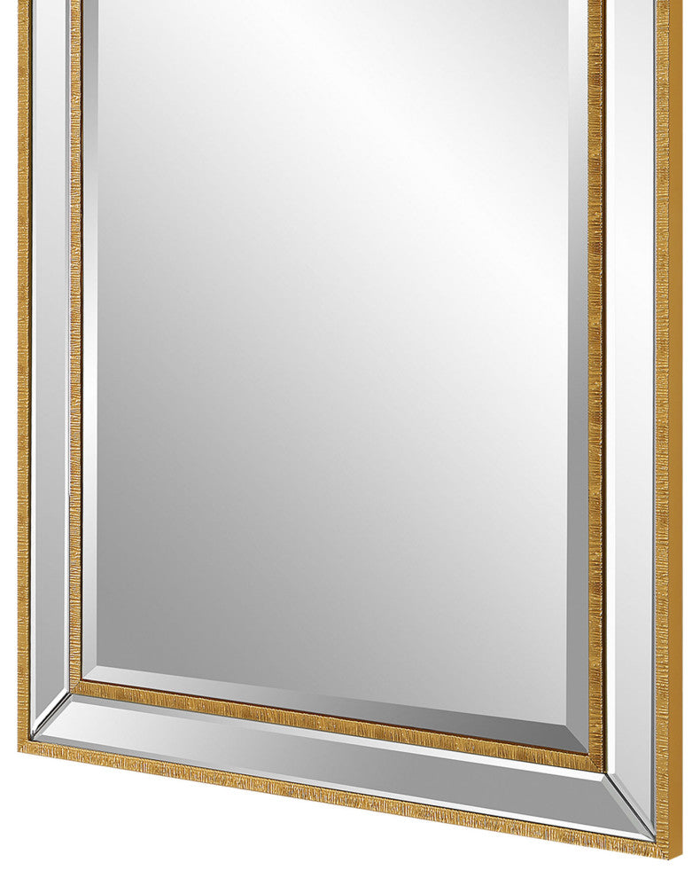 Benzara BM277046 40" Wood Rectangular Wall Mirror, Beveled Panel, Gold