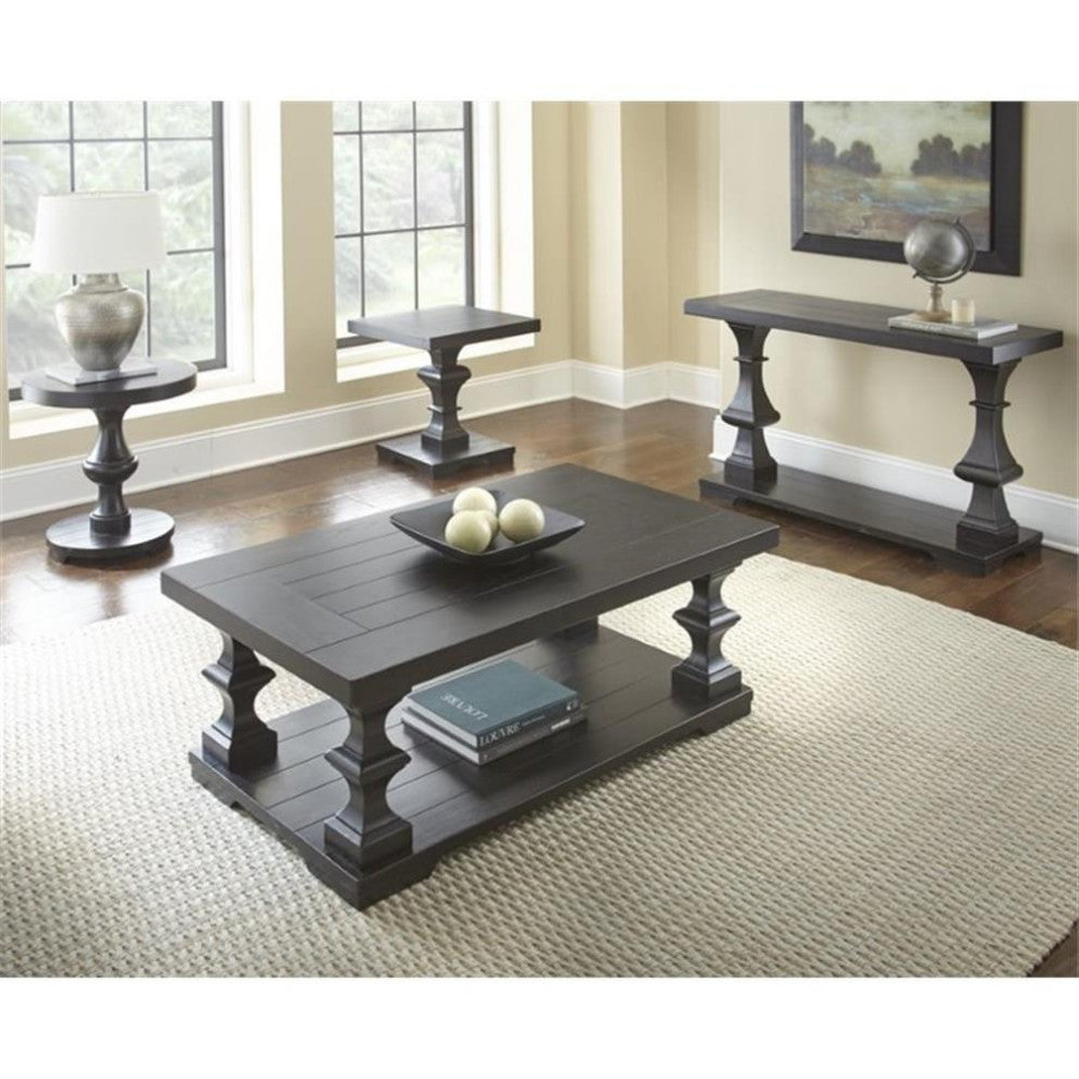 Bowery Hill Wood Coffee Table with Planked Top and Pedestal Base in Ebony