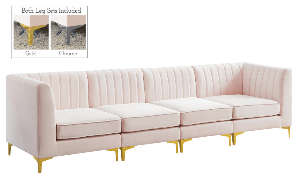 Alina Velvet Upholstered 4-Piece Modular Sectional, Pink