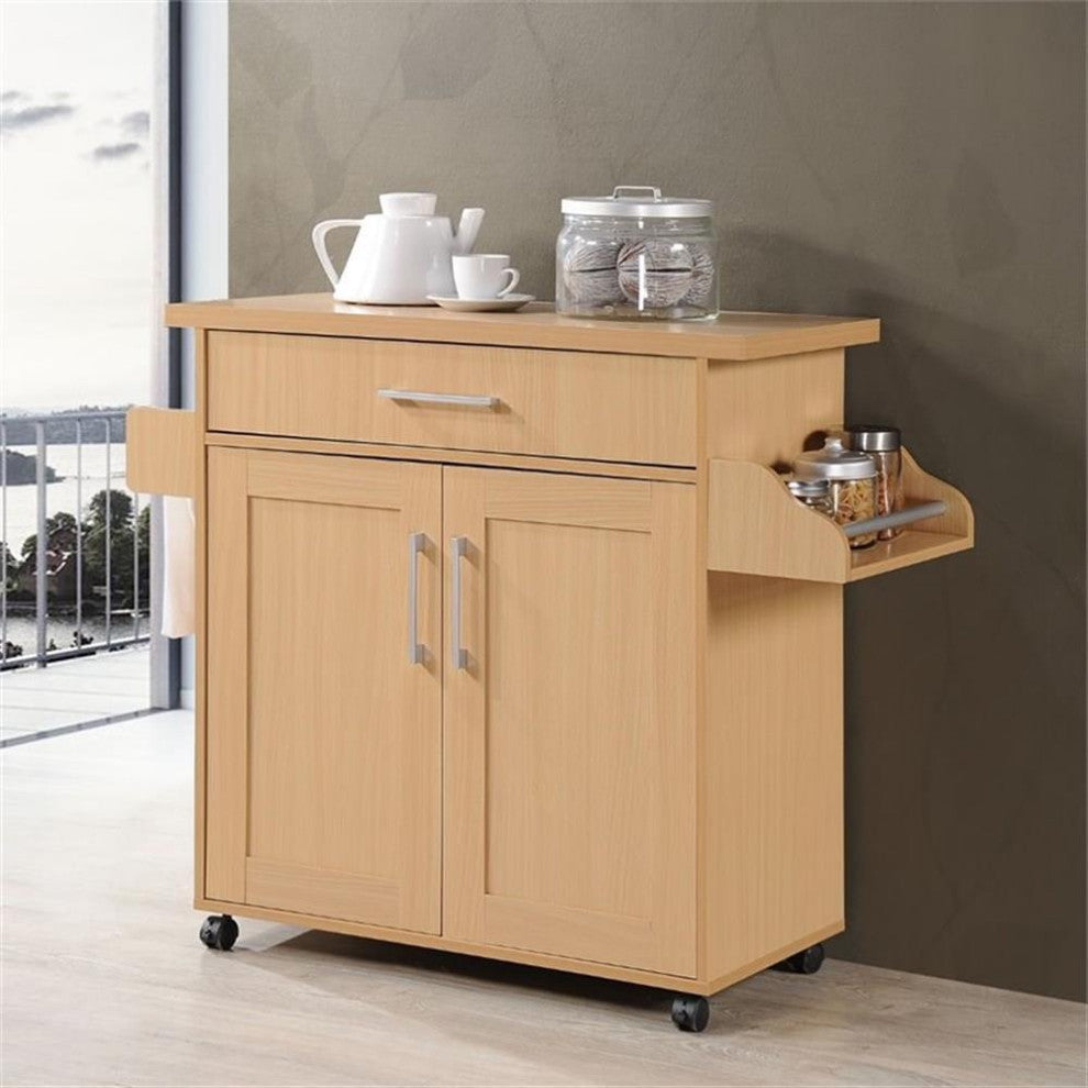 Hodedah Kitchen Island with Spice Rack plus Towel Holder in Beige Wood