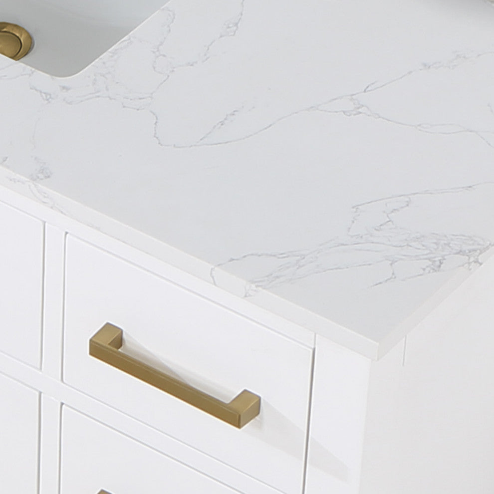Gavino Vanity with Grain White Composite Stone Top, White/Brushed Gold, 48", No Mirror