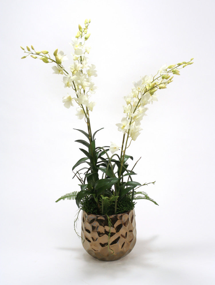 White Orchids and Greenery Mix in Burnt Gold Gabi Planter
