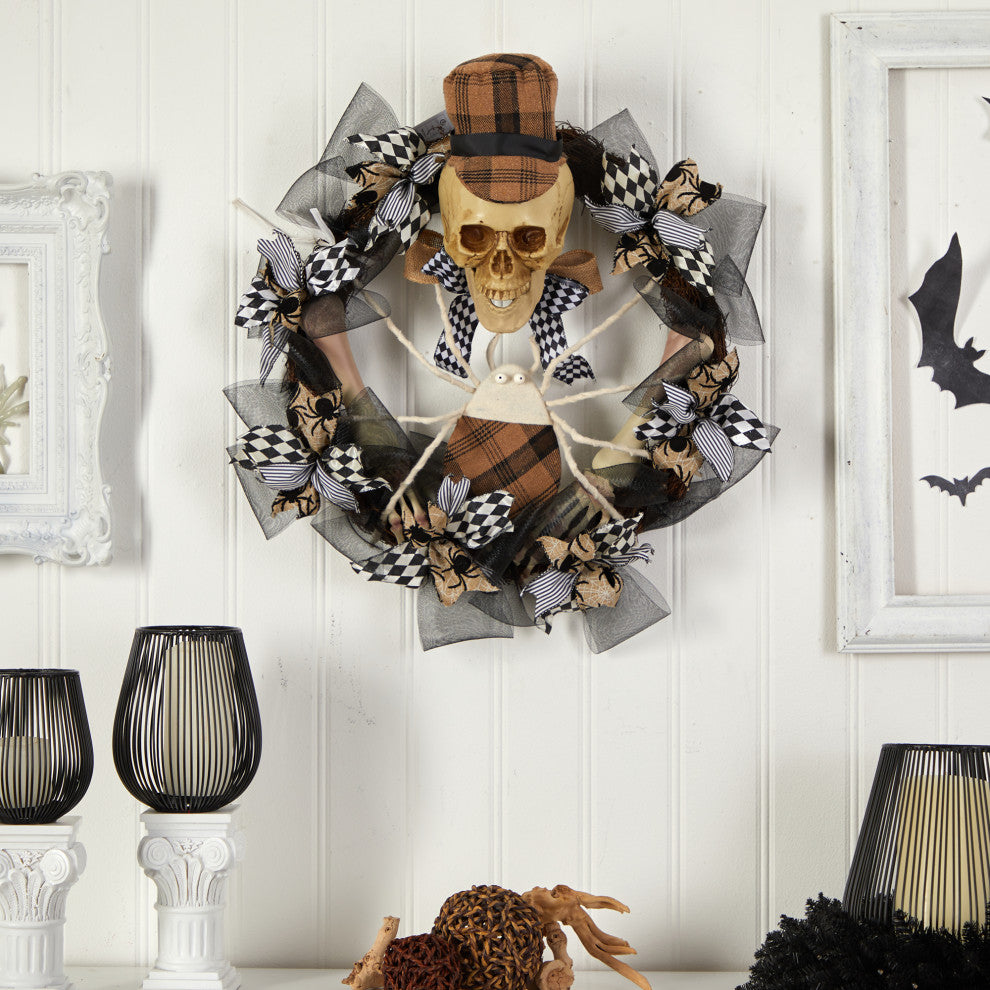 24" Halloween Skull, Plaid Mesh Wreath